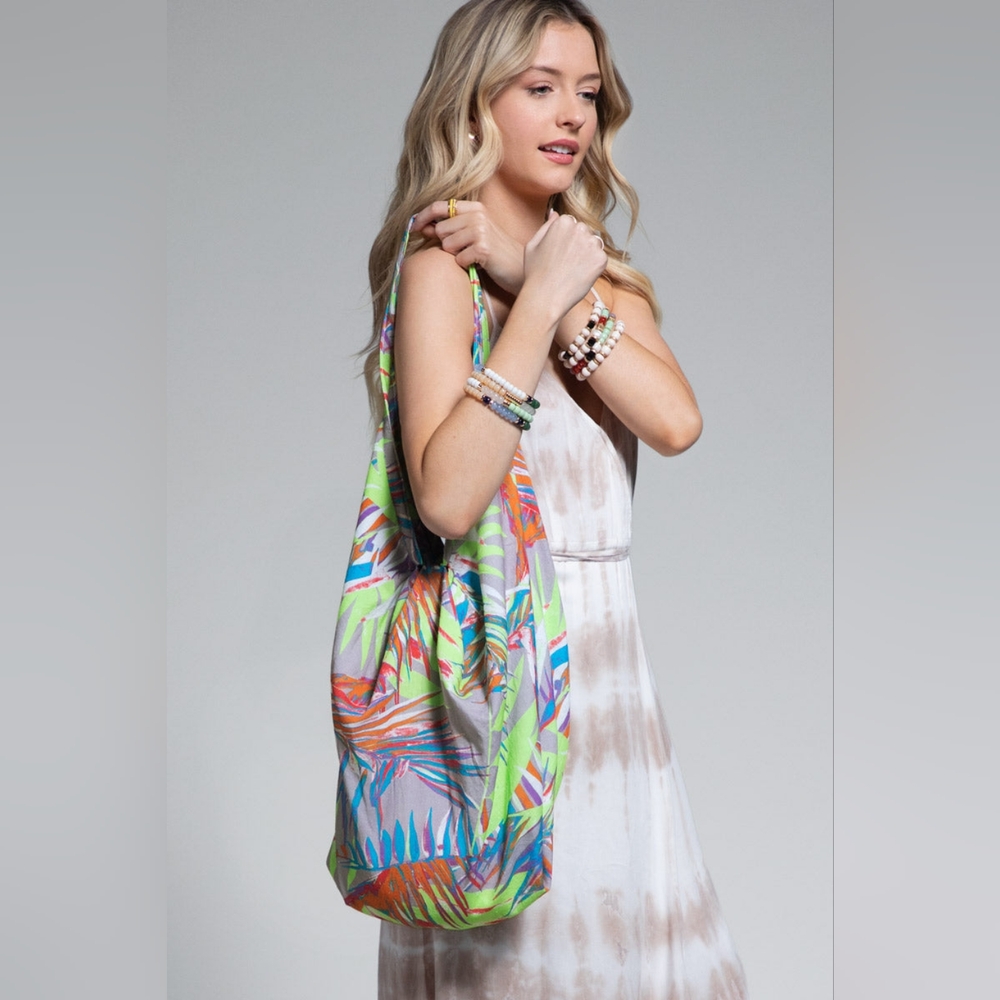 Boho Chic Beach Yoga Hobo Shoulder Bag - Multi Colored Tropical Palm Frond Print - Picture 2 of 8